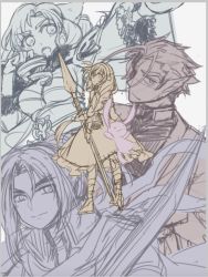 Rule 34 | 2boys, 2girls, aged down, ainu clothes, animal ears, aquaplus, arms up, braid, breasts, cleavage, closed mouth, dress, from behind, full body, hair between eyes, hairband, haru (monochrome mobius), holding, holding polearm, holding spear, holding weapon, kryutaware, large breasts, long hair, long sleeves, looking at viewer, looking to the side, mikazuchi (utawarerumono), mole, mole under eye, monochrome, monochrome mobius, multiple boys, multiple girls, munechika, pointy ears, polearm, rabbit ears, short hair, shunya, sidelocks, single braid, sketch, smirk, spear, standing, turned around, ukon (utawarerumono), utawarerumono, utawarerumono: itsuwari no kamen, very long hair, wavy mouth, weapon, wide sleeves