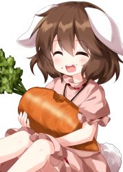Rule 34 | 1girl, ^ ^, animal ears, brown hair, carrot, closed eyes, dress, eating, floppy ears, food, hair between eyes, highres, holding, holding food, inaba tewi, open mouth, pink dress, rabbit ears, rabbit girl, rabbit tail, ruu (tksymkw), short hair, short sleeves, simple background, sitting, solo, tail, teeth, touhou, white background, white tail