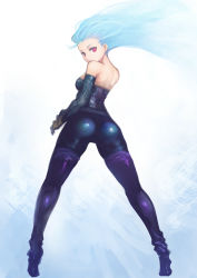 Rule 34 | 1girl, ass, bare shoulders, blue hair, boots, breasts, closed mouth, floating hair, from behind, highres, johan (johan13), kula diamond, long hair, looking at viewer, looking back, purple footwear, red eyes, small breasts, snk, solo, the king of fighters, thigh boots, thighhighs, tiptoes