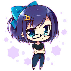 Rule 34 | 1girl, a-chan (1st costume) (hololive), a-chan (hololive), black-framed eyewear, black footwear, black shirt, blue eyes, blue hair, blue ribbon, blush, breasts, chibi, collarbone, crossed arms, denim, full body, glasses, hair ornament, hairclip, hololive, hoshikuzu no yoru, jeans, letter hair ornament, looking at viewer, medium hair, pants, ribbon, shirt, simple background, smile, solo, standing, virtual youtuber, white background