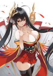 Rule 34 | 1girl, ahoge, azur lane, bare shoulders, black hair, black thighhighs, breasts, cleavage, collarbone, cradle (2849), hakama, hakama short skirt, hakama skirt, highres, index finger raised, japanese clothes, kimono, large breasts, long hair, looking at viewer, mask, mask on head, obi, petals, red eyes, red kimono, sash, simple background, skirt, solo, taihou (azur lane), thighhighs, twintails, very long hair, white background, wide sleeves, zettai ryouiki