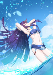 Rule 34 | 1girl, ^ ^, absurdres, armpits, arms up, bandeau, bare arms, bikini, blue bikini, blue sky, blunt bangs, caisena, chinese commentary, closed eyes, cloud, commentary request, day, highres, honkai (series), honkai impact 3rd, long hair, navel, parted lips, purple hair, raiden mei, sarong, sky, solo, standing, stomach, strapless, strapless bikini, swimsuit, thighs, very long hair, wading, water