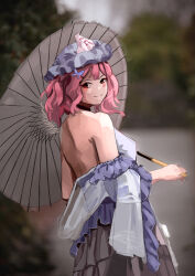 Rule 34 | 1girl, absurdres, alternate costume, blue hat, blurry, blurry background, commentary, english commentary, frilled kimono, frills, hat, highres, holding, holding umbrella, japanese clothes, kimono, looking back, mob cap, off shoulder, oil-paper umbrella, photo-referenced, photo background, pink hair, red eyes, saigyouji yuyuko, short hair, sketch, skirt, smile, solo, touhou, triangular headpiece, umbrella, vanilla flan, wavy hair, white skirt