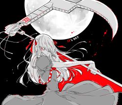 Rule 34 | 1boy, awara kayu, black background, commentary request, crossdressing, dress, flower, from side, hair ribbon, half-closed eyes, holding, holding scythe, holding weapon, long hair, looking at viewer, moon, nail polish, night, puffy short sleeves, puffy sleeves, red flower, red nails, red rose, ribbon, rose, scythe, short sleeves, solo, spot color, stitches, suzuya juuzou, tokyo ghoul, tokyo ghoul:re, trap, weapon