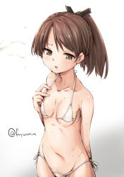 Rule 34 | 10s, 1girl, bikini, blush, breasts, brown eyes, brown hair, covered erect nipples, fuyu mi, gradient background, hair ribbon, kantai collection, open mouth, ponytail, ribbon, shikinami (kancolle), short hair, small breasts, solo, suggestive fluid, swimsuit, twitter username