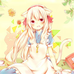 Rule 34 | 1girl, animal ears, apron, blue dress, blush, cat ears, pet food, cat tail, cup, dress, fang, flower, frilled apron, frills, hair ribbon, highres, kagerou project, key, kozakura marry, leaf, long hair, misa (kaeruhitode), red eyes, ribbon, short sleeves, solo, tail, teacup, triangle