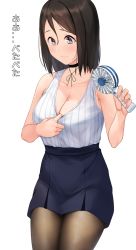 Rule 34 | 1girl, anti (0324), black hair, breasts, choker, cleavage, commentary, fanning self, hand fan, highres, holding, hot, large breasts, medium hair, mole, mole on breast, original, pantyhose, pencil skirt, shirt tug, skirt, sleeveless, solo, sweat, translated, white background