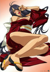 Rule 34 | 1girl, absurdres, ahoge, ass, bare legs, bare shoulders, black hair, blue eyes, blush, breasts, cherry, cleavage, feet, food, fruit, hair over one eye, highres, ikkitousen, ikkitousen great guardians, japanese clothes, kan&#039;u unchou, kimono, large breasts, long hair, lying, obi, official art, open clothes, open kimono, open mouth, sandals, sash, scan, simple background, solo, tan, toes, tongue, tongue out, very long hair