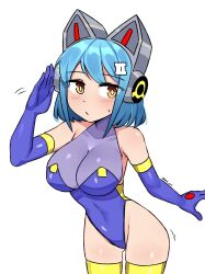 Rule 34 | 1girl, absurdres, bare hips, bare shoulders, blue gloves, blue hair, blue leotard, bob cut, breasts, bright pupils, brown eyes, cleavage, closed mouth, covered collarbone, covered navel, cowboy shot, elbow gloves, gloves, hair ornament, hairclip, headphones, highleg, highleg leotard, highres, ii (peps art), large breasts, leaning forward, leotard, light blush, looking at viewer, mechanical ears, medium breasts, original, peps art, see-through, see-through cleavage, sidelocks, simple background, solo, swept bangs, thighhighs, twitter username, waving, white background, yellow thighhighs