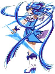 Rule 34 | 1girl, absurdres, blue eyes, blue hair, blue skirt, blush, boots, closed mouth, crystal sword, cure beauty, ebura din, floating hair, frown, full body, highres, holding, holding sword, holding weapon, knee boots, layered skirt, long hair, miniskirt, precure, profile, simple background, skirt, smile precure!, solo, standing, sword, very long hair, weapon, white background, white footwear