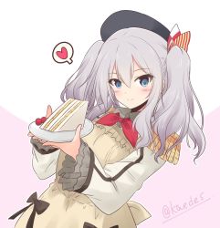 Rule 34 | 1girl, beige apron, beret, black hat, blue eyes, commentary request, cowboy shot, food, frilled sleeves, frills, hat, heart, jacket, kantai collection, kashima (kancolle), long sleeves, looking at viewer, military, military jacket, military uniform, neckerchief, one-hour drawing challenge, red neckerchief, sandwich, shizuna kaede, sidelocks, silver hair, solo, spoken heart, twintails, two-tone background, uniform, wavy hair, white jacket