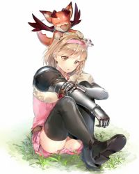 Rule 34 | 1girl, armor, armored dress, ass, bad id, bad pixiv id, belt, black footwear, blonde hair, boots, closed eyes, djeeta (granblue fantasy), dragon, dragon on head, fighter (granblue fantasy), gauntlets, gloves, granblue fantasy, grass, hairband, happy, knees up, long hair, looking at viewer, on head, open mouth, parted lips, sitting, solo, soraneko hino, thigh boots, thighhighs, vyrn (granblue fantasy), white background, yellow eyes