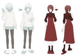 Rule 34 | 2girls, black pants, black socks, black sweater, blue eyes, blue footwear, blue hair, blue shirt, brown hair, character sheet, closed mouth, collared shirt, commentary request, dress, earrings, expressionless, full body, gradient hair, hands on own hips, head tilt, heel up, highres, holding, holding stuffed toy, jewelry, long sleeves, multicolored hair, multiple girls, multiple views, pants, pinafore dress, red dress, red eyes, red footwear, ribbed sweater, shirt, shirt under sweater, short hair, simple background, sleeveless, sleeveless dress, sleeves past elbows, slippers, smile, socks, soide (vocaloid), standing, stuffed toy, sweater, torishima (oshiritorishima), turtleneck, turtleneck sweater, v-neck, vocaloid, white sweater
