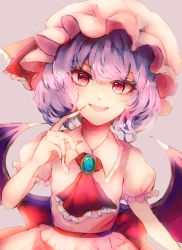 Rule 34 | 1girl, bad id, bad pixiv id, bow, dress, eyes visible through hair, gem, grey background, hair between eyes, hand up, hat, highres, jewelry, looking at viewer, nail polish, open mouth, pink dress, pink hat, purple hair, red bow, red eyes, red nails, red neckwear, red ribbon, remilia scarlet, ribbon, sango (coral0707), short hair, simple background, smile, solo, touhou, wings