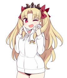 Rule 34 | 1girl, blonde hair, blush, breasts, chan co, drawstring, ereshkigal (fate), fate/grand order, fate (series), highres, hood, hoodie, long hair, long sleeves, looking at viewer, one eye closed, open mouth, parted bangs, red eyes, simple background, smile, solo, sweater, two side up, white background, white sweater