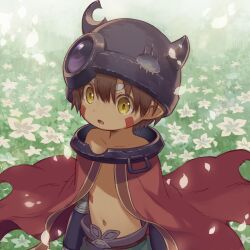 Rule 34 | 1boy, :o, android, brown hair, cape, child, choke (amamarin), collar, collarbone, commentary request, damaged, facial mark, facial tattoo, fake horns, flower, green shorts, hair between eyes, helmet, highres, horned helmet, horns, made in abyss, male focus, mechanical arms, metal collar, multicolored clothes, multicolored shorts, nature, navel, open mouth, petals, pointy ears, purple shorts, red cape, regu (made in abyss), robot, shorts, slit pupils, solo, standing, tattoo, topless male, upper body, v-shaped eyebrows, white flower, yellow eyes