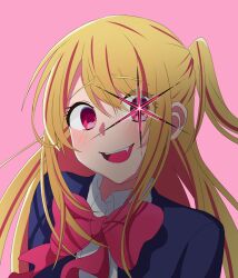 Rule 34 | 1girl, blonde hair, blue jacket, blush, bow, bowtie, collared shirt, commentary request, dress shirt, evil smile, fang, hair between eyes, highres, hoshino ruby, jacket, long hair, looking at viewer, mismatched pupils, one side up, open mouth, oshi no ko, pink background, pink bow, pink bowtie, pink eyes, shadow, shirt, sidelocks, simple background, smile, solo, star-shaped pupils, star (symbol), symbol-shaped pupils, teeth, tetete (b9zstlqa1), upper body, upper teeth only, variant set, white shirt