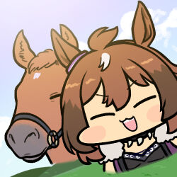 Rule 34 | 1girl, animal ears, brown hair, chibi, closed eyes, commentary, creature and personification, facing viewer, fangs, horse, horse ears, horse girl, jazz jack, lowres, mixed-language commentary, multicolored hair, sharp teeth, shinko windy (racehorse), shinko windy (umamusume), streaked hair, teeth, umamusume