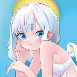Rule 34 | 1girl, angel, angel wings, bare shoulders, blue eyes, blunt bangs, blush, commentary, dress, feathered wings, head rest, highres, kaede (shijie heping), looking at viewer, original, sketch, sleeveless, sleeveless dress, smile, solo, two-tone background, upper body, white hair, wings