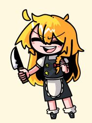 Rule 34 | 1girl, :d, ahoge, apron, black footwear, black skirt, black vest, blonde hair, blush stickers, bow, braid, closed eyes, commentary request, cookie (touhou), frilled apron, frills, full body, hair between eyes, hair bow, highres, holding, holding knife, kirisame marisa, knife, long bangs, long hair, mary janes, open mouth, puffy short sleeves, puffy sleeves, red bow, shirt, shoes, short sleeves, simple background, single braid, skirt, skirt set, smile, socks, solo, standing, star (symbol), suzu (cookie), sznkrs, teeth, touhou, upper teeth only, v-shaped eyebrows, vest, waist apron, white apron, white shirt, white socks, yellow background