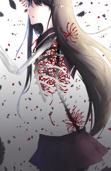 Rule 34 | 10s, 1girl, akemi homura, black hair, feathers, flower, homulilly, long hair, magical girl, mahou shoujo madoka magica, mahou shoujo madoka magica: hangyaku no monogatari, ribs, simple background, skeletal arm, skirt, solo, spider lily, spoilers, tears, white background, witch (madoka magica)