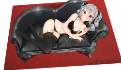 Rule 34 | 10s, 1girl, black bra, black panties, black thighhighs, blush, bow, bow panties, bra, breasts, cleavage, couch, drill hair, full body, hair ribbon, highres, idolmaster, idolmaster cinderella girls, kanzaki ranko, lace, lace-trimmed bra, lace-trimmed legwear, lace trim, large breasts, long hair, looking at viewer, lying, masamuuu, navel, no shoes, on side, panties, purple eyes, red eyes, revision, ribbon, ribbon-trimmed thighhighs, ribbon trim, silver hair, solo, strap slip, thighhighs, twin drills, twintails, underwear, underwear only