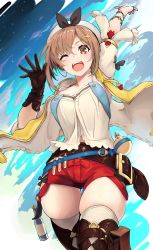 Rule 34 | 1girl, ;d, arm up, atelier (series), atelier ryza, atelier ryza 1, belt, blue sky, breasts, brown belt, brown eyes, brown gloves, brown hair, brown thighhighs, cleavage, cloud, collarbone, commentary request, gloves, hair ornament, hairclip, highres, looking at viewer, medium breasts, one eye closed, open mouth, red shorts, reibun (raven1119), reisalin stout, short hair, short shorts, shorts, single glove, sky, smile, solo, thighhighs, thighs, waving arm, white thighhighs