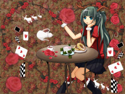 Rule 34 | 1girl, antlers, bad id, bad pixiv id, blue eyes, card, chair, cup, floating card, flower, food, fork, green hair, hatsune miku, head rest, hirostuart, horns, kneehighs, long hair, open mouth, red flower, red rose, rose, sitting, skirt, socks, solo, table, tea, teacup, teapot, vocaloid, wristband