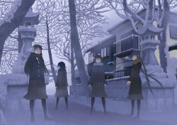 Rule 34 | 4girls, arms behind back, bare tree, blue theme, breath, coat, long hair, looking back, looking up, multiple girls, muted color, original, pantyhose, pleated skirt, scarf, scenery, school uniform, short hair, skirt, snow, standing, stone lantern, tonkotsu, tree, twintails, winter