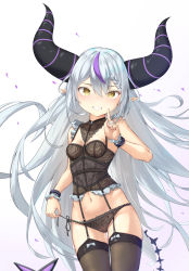 Rule 34 | 1girl, black bustier, black panties, bra, braid, breasts, bustier, demon horns, finger to mouth, garter straps, gluteal fold, grey hair, grin, highres, hololive, horns, index finger raised, la+ darknesss, lace, lace bra, lace panties, lingerie, long hair, looking at viewer, multicolored hair, navel, panties, panty pull, pointy ears, pulling own clothes, side-tie panties, small breasts, smile, solo, streaked hair, thigh gap, thighs, underwear, underwear only, untying, very long hair, virtual youtuber, xiao xiao tian, yellow eyes
