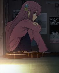 Rule 34 | 1girl, aqua eyes, black skirt, bocchi the rock!, cube hair ornament, from side, gotoh hitori, guitar, hair ornament, highres, hugging own legs, instrument, kerorira, key visual, knees up, long hair, looking away, official art, on floor, pink hair, pleated skirt, poster (object), promotional art, sitting, skirt, solo, tatami, track suit
