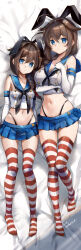 Rule 34 | 2girls, ahoge, arm under breasts, bed sheet, black hairband, black neckerchief, black panties, blue eyes, blue sailor collar, blue skirt, braid, breasts, brown hair, closed mouth, commentary request, cosplay, crop top, dual persona, eckert&amp;eich, elbow gloves, gloves, gluteal fold, hair between eyes, hair flaps, hair over shoulder, hairband, hand on own chest, height difference, highleg, highleg panties, highres, kantai collection, large breasts, legs, long hair, looking at viewer, lying, medium breasts, microskirt, multiple girls, navel, neckerchief, on back, panties, parted lips, pleated skirt, sailor collar, shigure (kancolle), shigure kai ni (kancolle), shigure kai san (kancolle), shimakaze (kancolle), shimakaze (kancolle) (cosplay), signature, single braid, skirt, smile, striped clothes, striped thighhighs, sweatdrop, thighhighs, underwear, variant set, white gloves