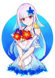 Rule 34 | 1girl, absurdres, animal, animal on shoulder, bare shoulders, bird, blue background, blue dress, blue flower, blue hair, blunt bangs, bouquet, choumi wuti (xueye fanmang zhong), closed mouth, collarbone, commentary request, dress, flower, hair flower, hair ornament, highres, lize helesta, lize helesta (2nd costume), long hair, looking at viewer, multicolored hair, nijisanji, off-shoulder dress, off shoulder, purple eyes, purple flower, purple hair, red flower, sebastian piyodore, smile, twitter username, two-tone background, two-tone hair, very long hair, virtual youtuber, white background, white flower