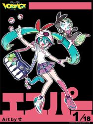 Rule 34 | 1girl, aqua hair, bag, bag charm, charm (object), creatures (company), crossover, full body, game freak, gen 5 pokemon, gloves, green hair, hatsune miku, headphones, highres, legendary pokemon, long hair, meloetta, meloetta (aria), multicolored hair, mythical pokemon, nintendo, official art, open mouth, pokemon, pokemon (creature), project voltage, psychic miku (project voltage), shoes, simple background, single glove, skirt, sneakers, socks, take (illustrator), twintails, very long hair, vocaloid, white gloves