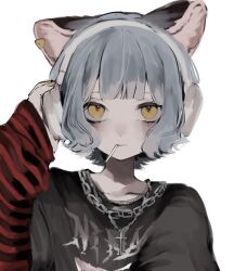 Rule 34 | 1girl, alternate costume, animal ears, black shirt, candy, cat ears, chain necklace, character name, commentary, cross, cross necklace, earclip, expressionless, food, food in mouth, grey hair, hand on headphones, hand up, headphones, highres, jewelry, layered sleeves, lollipop, long sleeves, looking at viewer, manuka x x, necklace, nina (valis), one-hour drawing challenge, print shirt, red sleeves, shirt, short hair, short over long sleeves, short sleeves, sinsekai studio, solo, striped sleeves, text print, upper body, valis (sinsekai), white background, yellow eyes