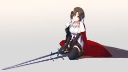 Rule 34 | 1girl, black gloves, breasts, brown hair, cape, collarbone, commentary request, dress, elbow gloves, fingerless gloves, fur trim, gloves, holding, holding sword, holding weapon, kneeling, long sword, looking at viewer, md5 mismatch, medium breasts, nonderi, on ground, original, red cape, resolution mismatch, solo, source larger, sword, thighhighs, weapon, white dress