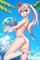 Rule 34 | 1girl, :d, alternate hairstyle, anklet, ball, beachball, cloud, commentary request, flower, fossil maiden, hair flower, hair ornament, hellsinker, highres, jewelry, long hair, looking at viewer, ocean, open mouth, palm tree, riro (breakthrough rr), side ponytail, smile, solo, swimsuit, teeth, tree, upper teeth only, water, white hair, yellow eyes