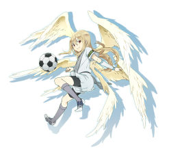 Rule 34 | 1boy, afuro terumi, ball, bike shorts, catgirl0926, highres, inazuma eleven, inazuma eleven (series), long hair, looking at viewer, male focus, multiple wings, seraph, simple background, smile, soccer ball, solo, telstar, white background, wings, zeus (inazuma eleven)