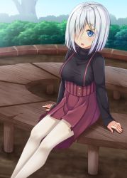 Rule 34 | 1girl, alternate costume, bench, black sweater, blue eyes, gurande (g-size), hair ornament, hair over one eye, hairclip, hamakaze (kancolle), highres, kantai collection, looking at viewer, open mouth, overalls, pantyhose, park bench, red skirt, short hair, sitting, skirt, solo, sweater, white hair, white pantyhose