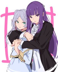 Rule 34 | absurdres, atenaba, dress, earrings, fern (sousou no frieren), frieren, green eyes, highres, hug, jewelry, looking at viewer, purple eyes, purple hair, sousou no frieren, straight hair, twintails, white background, white dress, white hair