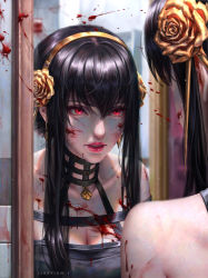 Rule 34 | 1girl, absurdres, bathroom, black dress, black hair, blood, blood on arm, blood on breasts, blood on face, breasts, cleavage, commentary, dagger, dress, english commentary, flower, from behind, gold hairband, golden rose, hair between eyes, hair flower, hair ornament, hairband, highres, jerry loh, knife, looking at mirror, mirror, nose, parted lips, portrait, realistic, red eyes, red lips, reflection, short hair with long locks, solo, spy x family, stiletto (weapon), teeth, upper teeth only, weapon, yor briar
