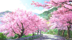 Rule 34 | blue sky, cherry blossoms, cloud, commentary, dao dao, day, evening, forest, grass, hill, landscape, mountain, nature, no humans, original, outdoors, plant, road, scenery, sky, stone, tree