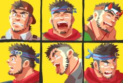 Rule 34 | 1boy, :d, ^ ^, angry, another eidos-r, backwards hat, bara, beard, brown hair, closed eyes, expressions, eyebrow cut, facial hair, facial mark, fake horns, happy, hat, headband, highres, horned headwear, horns, long sideburns, looking at viewer, looking to the side, male focus, muscular, muscular male, mustache stubble, nervous sweating, official alternate costume, open mouth, portrait, red scarf, scarf, short hair, sideburns, sleeping, smile, stubble, suamaru, sweat, tearing up, tongue, tongue out, undercut, variations, yellow background, yuno (another eidos)