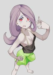 Rule 34 | 10s, 1girl, bare shoulders, breasts, cleavage, downblouse, from above, full body, grey background, half-closed eyes, hand on own hip, highres, little witch academia, medium breasts, no bra, pale skin, popopo, puffy shorts, purple hair, red eyes, sharp teeth, shorts, sideboob, simple background, solo, standing, sucy manbavaran, sweat, tank top, teeth