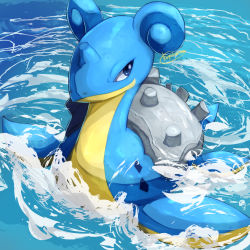 Rule 34 | afloat, blue eyes, closed mouth, commentary request, creatures (company), game freak, gen 1 pokemon, lapras, looking to the side, nintendo, no humans, outdoors, pokemon, pokemon (creature), ripples, signature, smile, solo, splashing, tanpakuroom, water