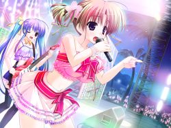 Rule 34 | 2girls, ;d, amatsu misora ni!, blue hair, blush, bracelet, breasts, brown hair, camisole, choker, cleavage, concert, covered erect nipples, electric guitar, game cg, glowstick, guitar, hair ribbon, halterneck, idol, instrument, jewelry, kanzaki miyu, large breasts, looking at viewer, microphone, midriff, multiple girls, music, navel, one eye closed, open mouth, palm tree, pink eyes, pointing, purple eyes, ribbon, ribbon choker, shintarou, shirt, short twintails, singing, skirt, sky, smile, stage, star (sky), starry sky, tank top, taut clothes, taut shirt, thighhighs, tree, twintails, wink