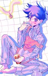 Rule 34 | 1boy, apron, barefoot, bell, cat tail, chef hat, colored skin, hat, hero (headspace) (omori), hero (omori), highres, lipstick mark, lipstick mark on face, long sleeves, omori, ow12714, parted lips, pink apron, purple eyes, purple hair, short hair, solo, sweatdrop, tail, tail bell, tail ornament, unworn hat, unworn headwear, vertical-striped pajamas, white hat, white skin