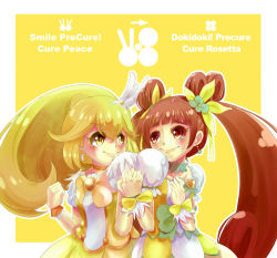 Rule 34 | 10s, 2girls, blonde hair, bow, brooch, brown eyes, brown hair, character name, choker, color connection, cure peace, cure rosetta, dokidoki! precure, double bun, dress, eyelashes, flower, hair bun, hair flaps, hair flower, hair ornament, hashibuto, heart, heart brooch, holding hands, kise yayoi, long hair, magical girl, multiple girls, ponytail, precure, puffy short sleeves, puffy sleeves, ribbon, short sleeves, skirt, smile, smile precure!, tiara, twintails, v, waist bow, wrist cuffs, yellow background, yellow bow, yellow dress, yellow eyes, yellow skirt, yellow theme, yotsuba alice