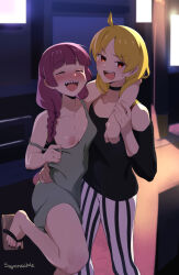 Rule 34 | 2girls, ahoge, artist name, blonde hair, blush, bocchi the rock!, braid, closed eyes, commentary, dress, drunk, english commentary, hair over shoulder, highres, hiroi kikuri, ijichi seika, indoors, long hair, low-braided long hair, low-tied long hair, medium dress, multiple girls, nail polish, nipples, one breast out, open mouth, purple hair, sandals, sharp teeth, single braid, squeezable (squeezabledraws), teeth, toenail polish, toenails, yuri