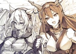 Rule 34 | 10s, 2girls, bad id, bad pixiv id, bare shoulders, breasts, cis (carcharias), dark-skinned female, dark skin, fingerless gloves, gloves, hairband, kantai collection, long hair, monochrome, multiple girls, musashi (kancolle), nagato (kancolle), open mouth, pointy hair, sarashi, smile, twintails, upper body